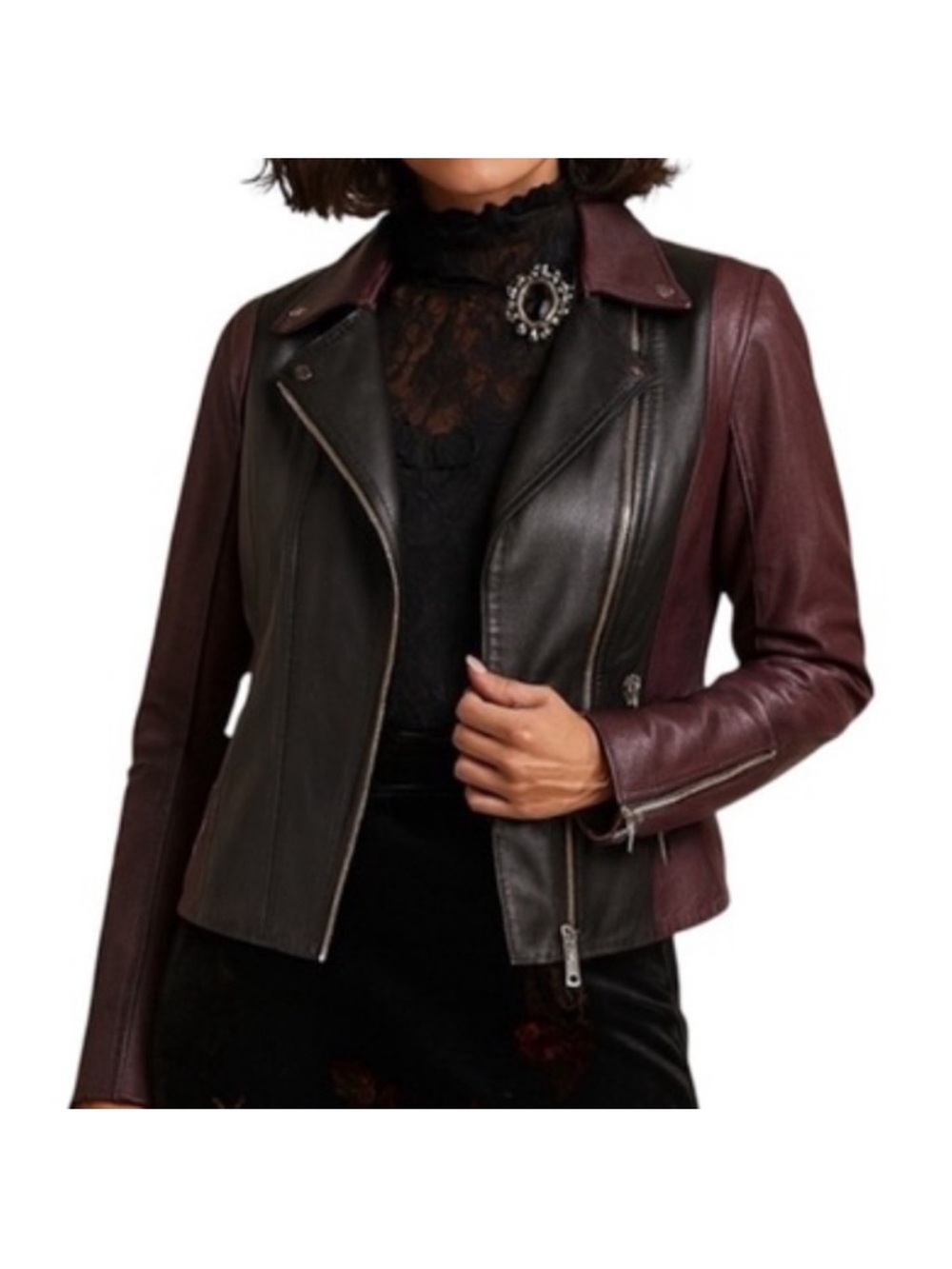 VINCE Lambskin Leather Two Tone Moto Jacket Black Burgundy Women’s Size M EUC - Picture 2 of 14